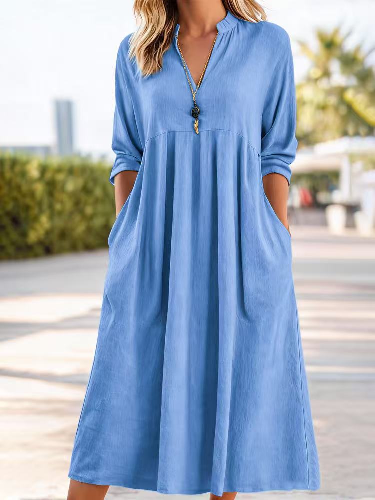 💃【50% kedvezmény】Új divatos retro pamut-len ruha V-nyakkivágással