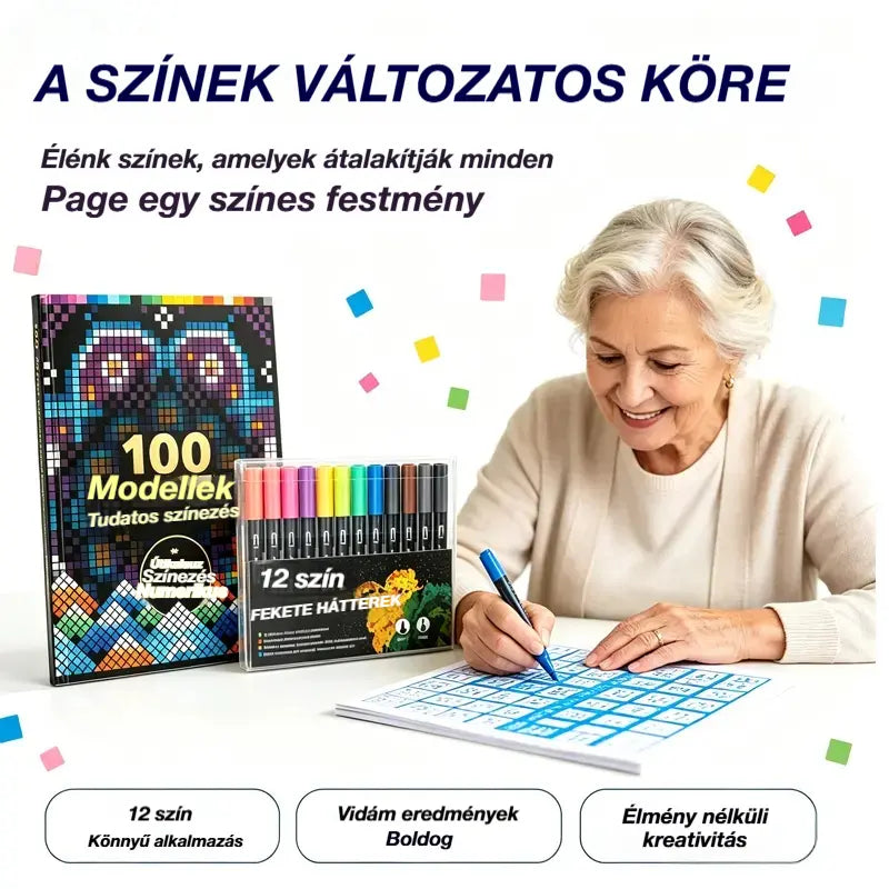 🛍️ Antistressz kifestőkönyv készlet "100 minta tudatos színezéshez" 🎨 Festés számok szerint felnőtteknek és időseknek | 100 minta (virágok, mandalák) + filctollkészlet mellékelve, agytorna és relaxáció