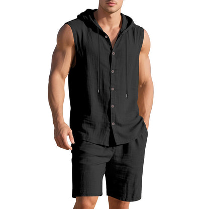 【S-3XL】Nowy męski lniany, swobodny, sportowy, luźny, dwuczęściowy komplet, z kapturem i bezrękawnikami【Płatność gotówką przy odbiorze】