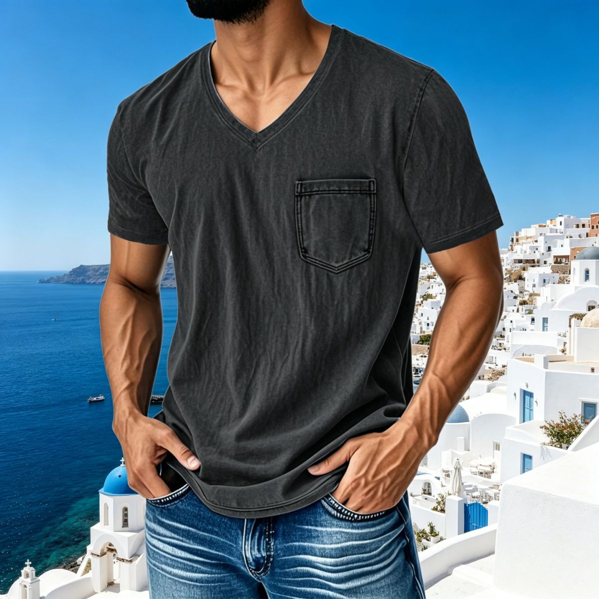 👔 🔥【40–120 kg】Ανδρικό Casual Ριχτό Τζιν Πουκάμισο — V-λαιμόκοψη, Κοντό Μανίκι ✅️Διαθέσιμες Αντικαταβολή
