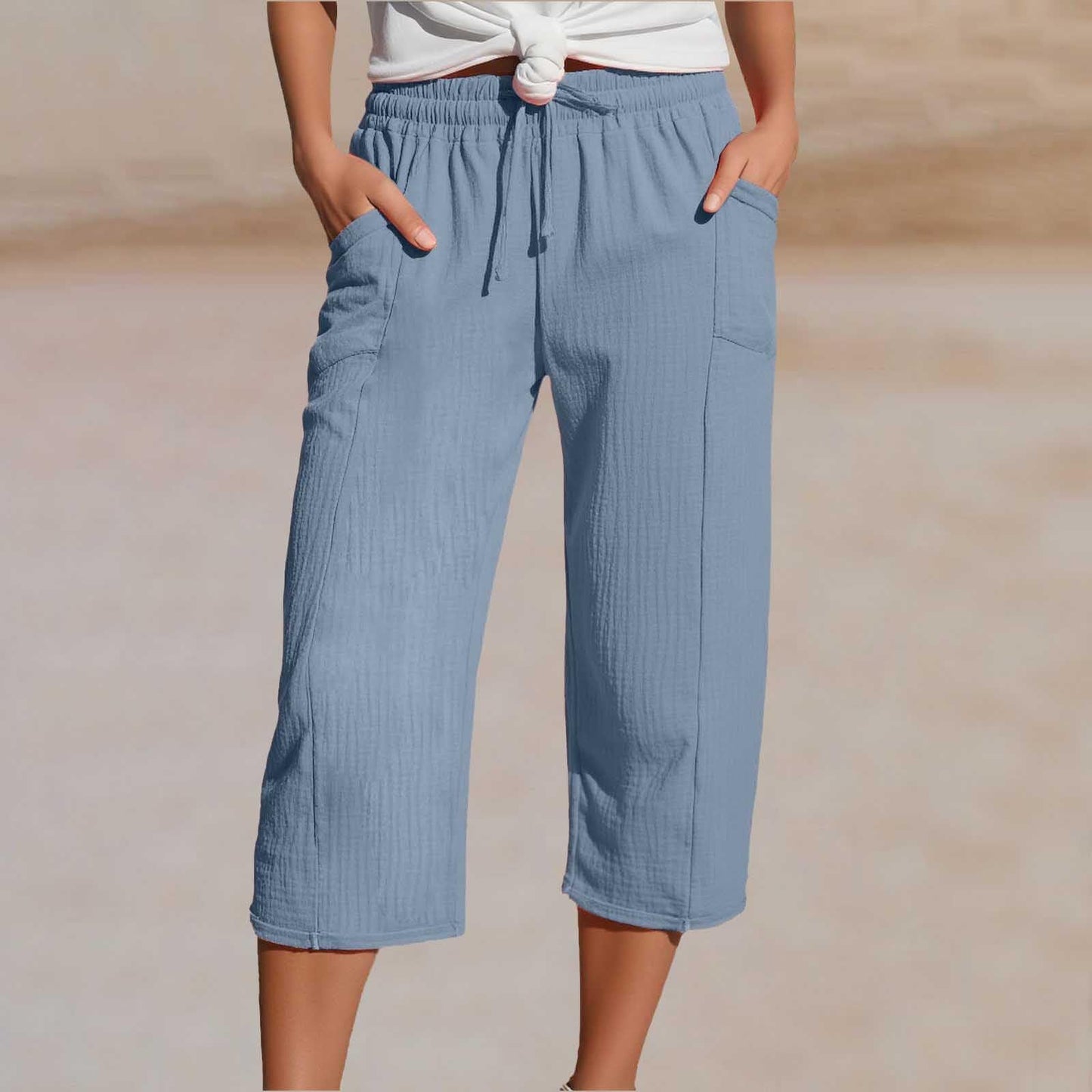 🌸【50% kedvezmény】Női egyszínű, ráncolt pamut-len hosszú (7/8-as) nadrág