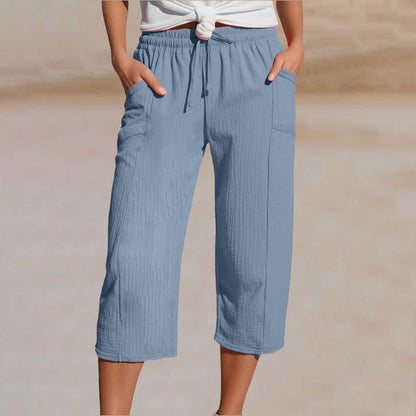 🌸【50% kedvezmény】Női egyszínű, ráncolt pamut-len hosszú (7/8-as) nadrág