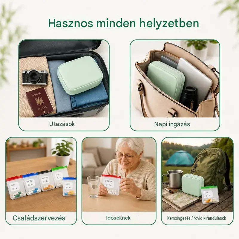 💊 Hordozható gyógyszertartó és rendszerező tok - Rendezetten és biztonságosan tárolhatod tablettáidat, vidd magaddal a gyógyszereidet bárhová!