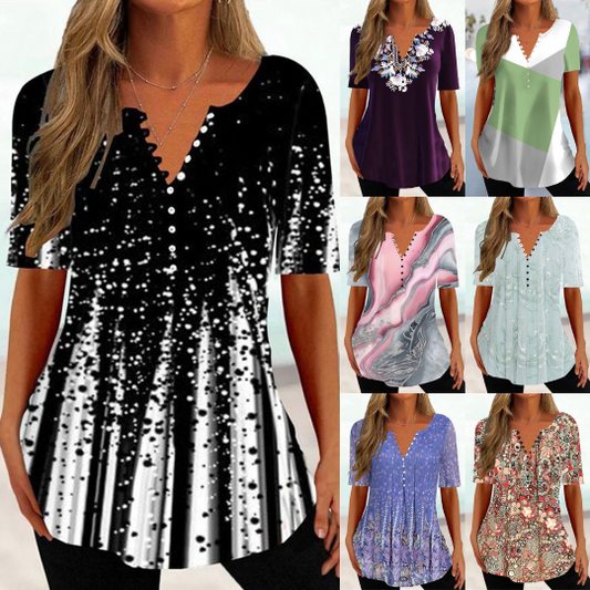 【🔥Újdonság, 50% kedvezmény 🎉】💟【M-6XL】Új nyári női, V-nyakú, rövid ujjú nyomtatott nyári felsők