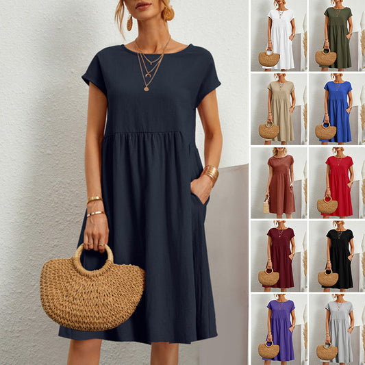 ✨🌼【S-5XL】Női ruha, pamut, len, kerek nyakkivágással