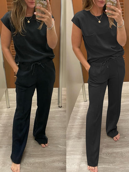 💎Korlátozott ideig 50% kedvezmény🧥Elegáns női egyszínű alkalmi szett, ujjatlan felsővel és magas derekú bő szárú nadrággal