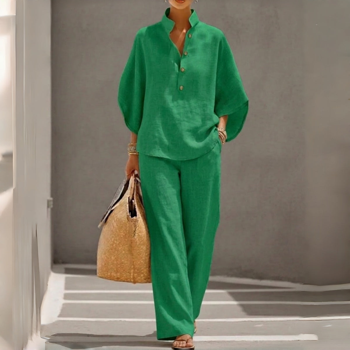 2026-os nyári új, lezser, laza felső + széles szárú nadrág szett nőknek
