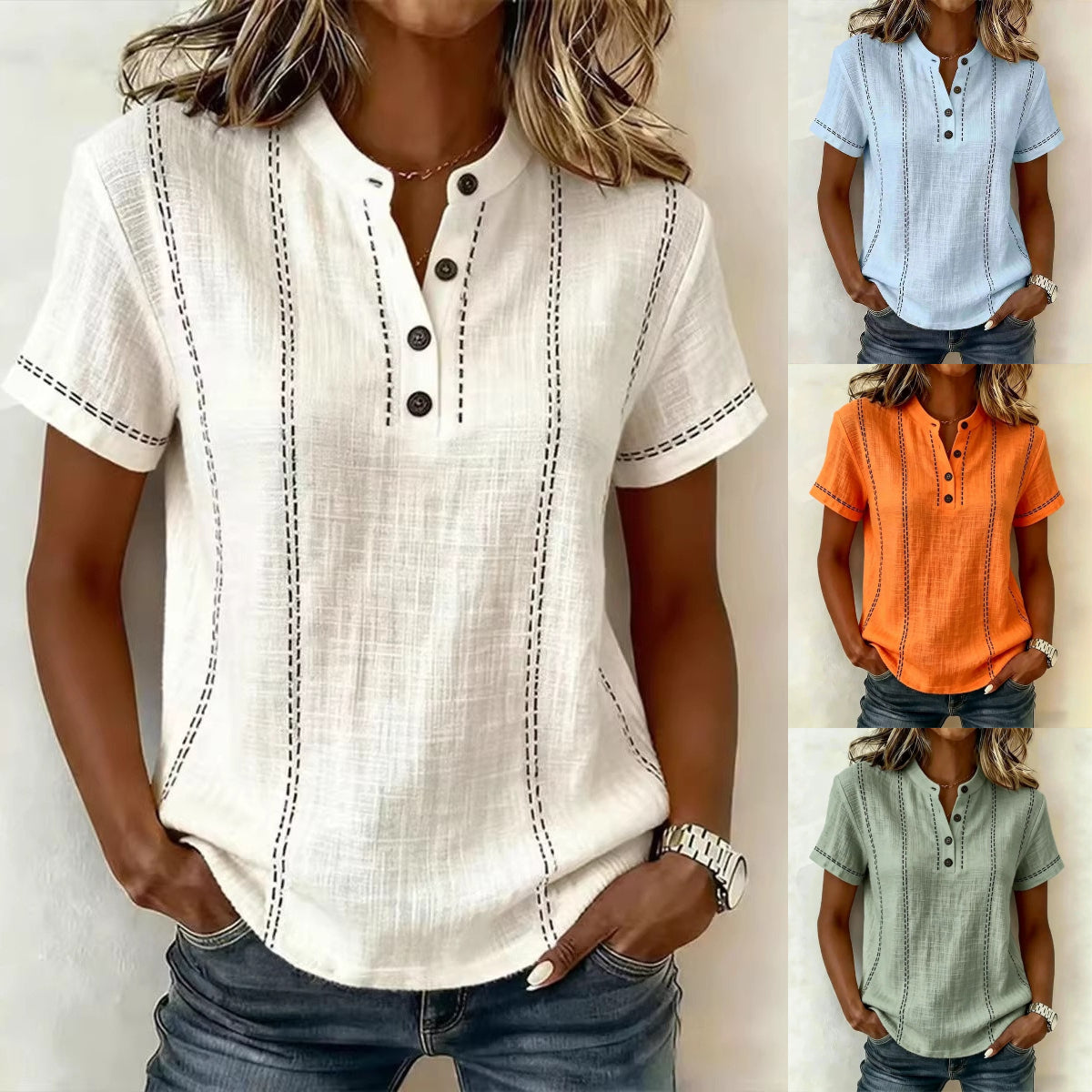 ✨【S-3XL】Nyári, bő szabású, lezser, mintás, gombos, állógalléros, rövid ujjú női ing
