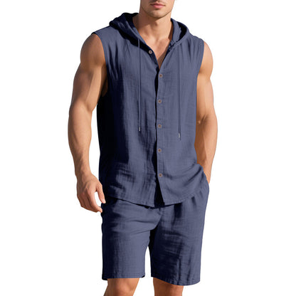 【S-3XL】Nowy męski lniany, swobodny, sportowy, luźny, dwuczęściowy komplet, z kapturem i bezrękawnikami【Płatność gotówką przy odbiorze】