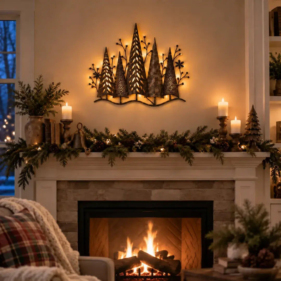 🎄🕯️ Erdőmotívummal és vintage ihletésű, megvilágított fém fali dekoráció 🌙