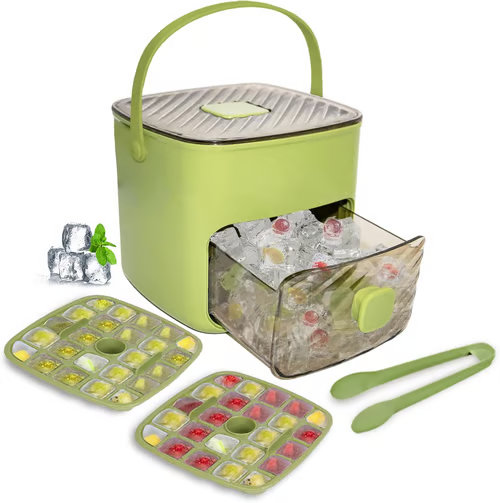 🥤🧊【50% kedvezmény】Jégtartó doboz 48 jégkockával, szivárgásmentes fedéllel. Egymásra rakható, helytakarékos. Jéglapáttal és jégfogóval 🏖️✅
