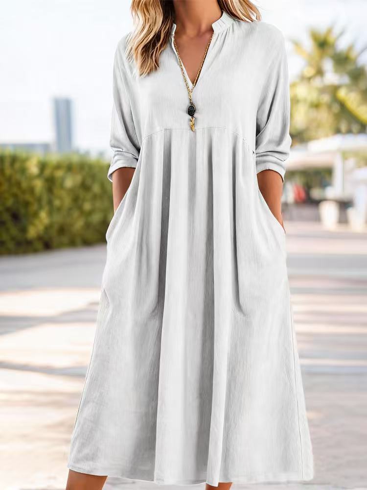 💃【50% kedvezmény】Új divatos retro pamut-len ruha V-nyakkivágással