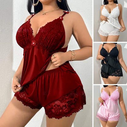 👗 50% kedvezmény 🌸 Hálóruha szett: ujjatlan felső csipke rövidnadrággal, állítható pántokkal és V-nyakkal 🛏️✨