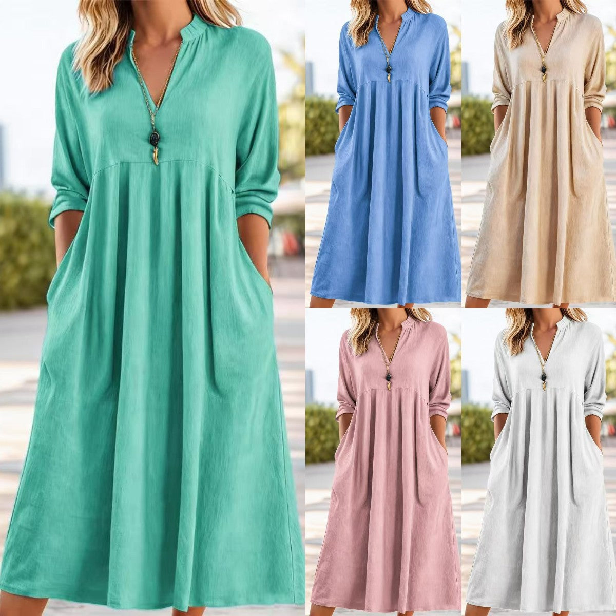 💃【50% kedvezmény】Új divatos retro pamut-len ruha V-nyakkivágással