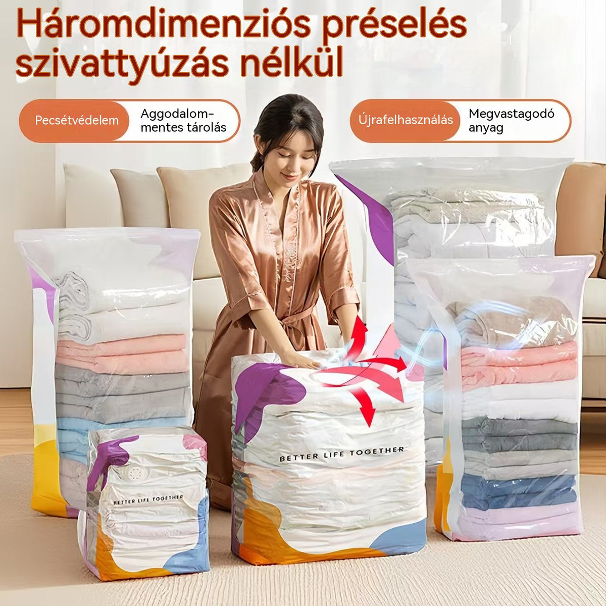 🧳【5 darabos készlet】💨 Nagy, összenyomható vákuumos tárolózsák: nincs szükség pumpára, szivárgásmentes, és ideális helytakarékosságra bőröndökben és otthon ✈️