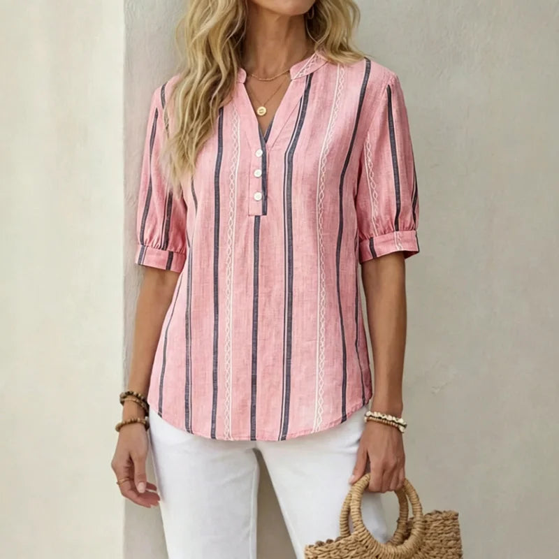 👚【50% szezonális kedvezmény】Nyári rövid ujjú csíkos pamut-len blúz, légáteresztő anyagból