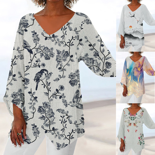 ⏳ Utolsó nap – 50% kedvezmény 😍【S~5XL】Női V-nyakú mintás alkalmi hosszú ujjú felső, 3/4 ujjú