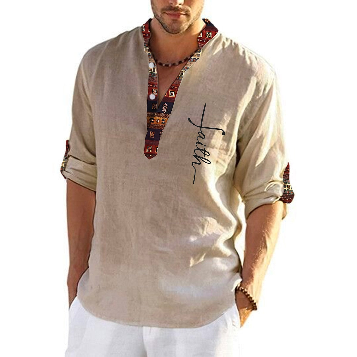 💥👔【50% kedvezmény 🔥】【S-3XL】Férfi len-pamut ing, mintás, V-nyakú kialakítással