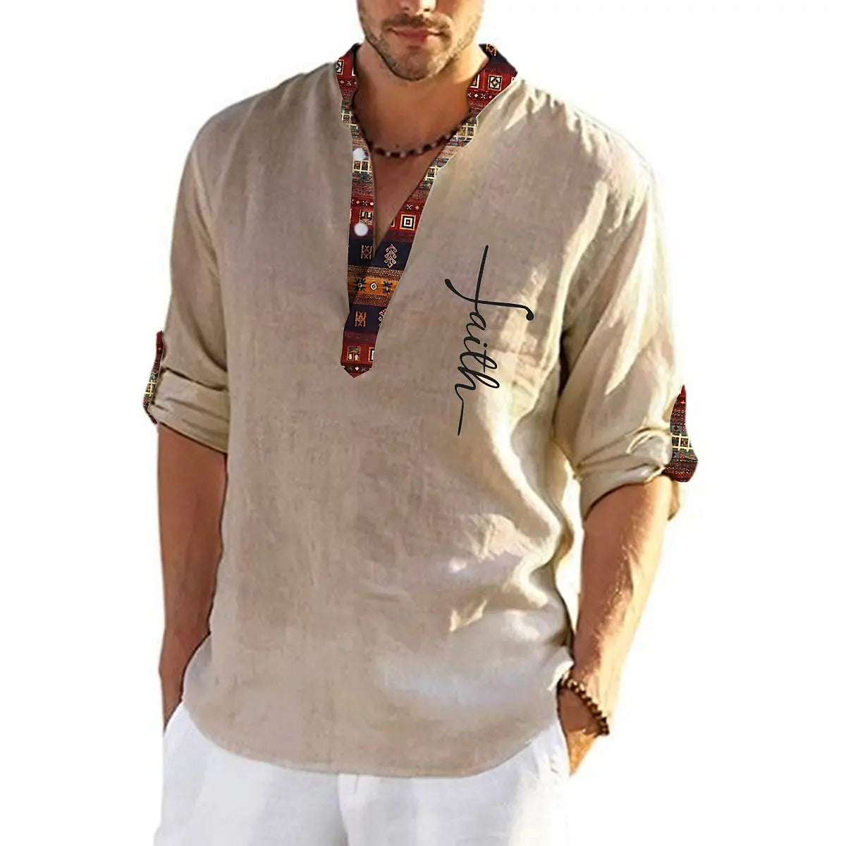 💥👔【50% kedvezmény 🔥】【S-3XL】Férfi len-pamut ing, mintás, V-nyakú kialakítással