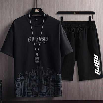 【M-5XL】2026 Modny, luźny, sportowy, dwuczęściowy komplet męski z nadrukiem (koszulka z krótkim rękawem + spodenki)