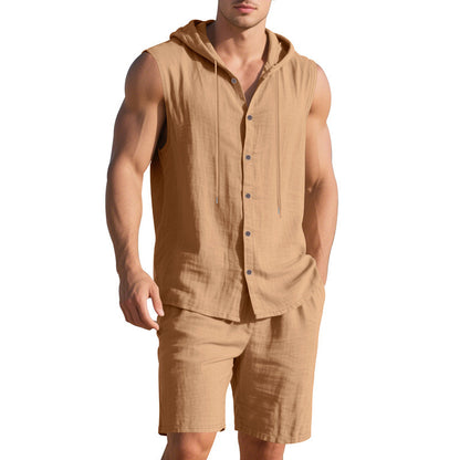 【S-3XL】Nowy męski lniany, swobodny, sportowy, luźny, dwuczęściowy komplet, z kapturem i bezrękawnikami【Płatność gotówką przy odbiorze】