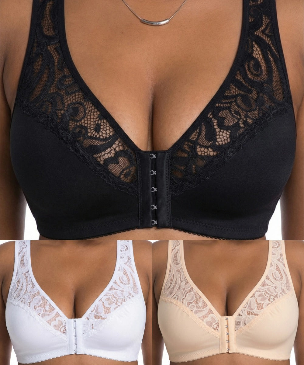 💖Minden idők legalacsonyabb ára【3 db-os szett】【L-4XL】😍🩲Push-up melltartó nagy méretben, gyönyörű csipke, push-up és áttört design, elöl kapcsos