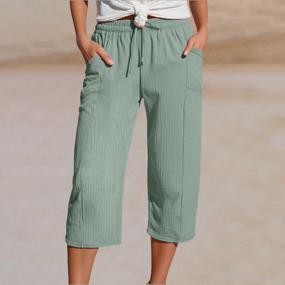 🌸【50% kedvezmény】Női egyszínű, ráncolt pamut-len hosszú (7/8-as) nadrág