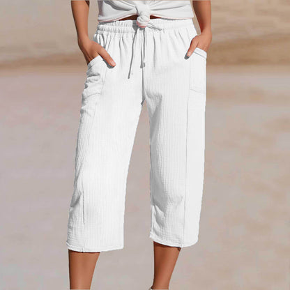 🌸【50% kedvezmény】Női egyszínű, ráncolt pamut-len hosszú (7/8-as) nadrág