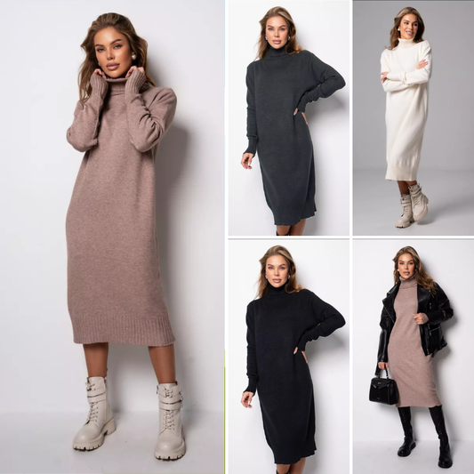 👗 Új téli stílusú, elegáns kötött ruha magas gallérral, modern és kifinomult.