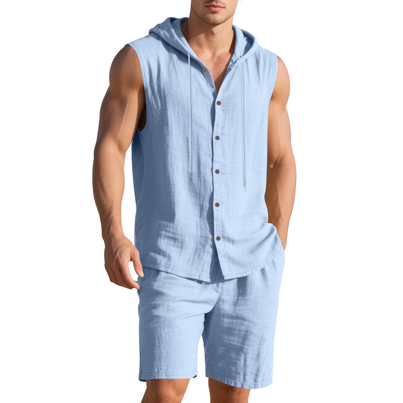 【S-3XL】Nowy męski lniany, swobodny, sportowy, luźny, dwuczęściowy komplet, z kapturem i bezrękawnikami【Płatność gotówką przy odbiorze】