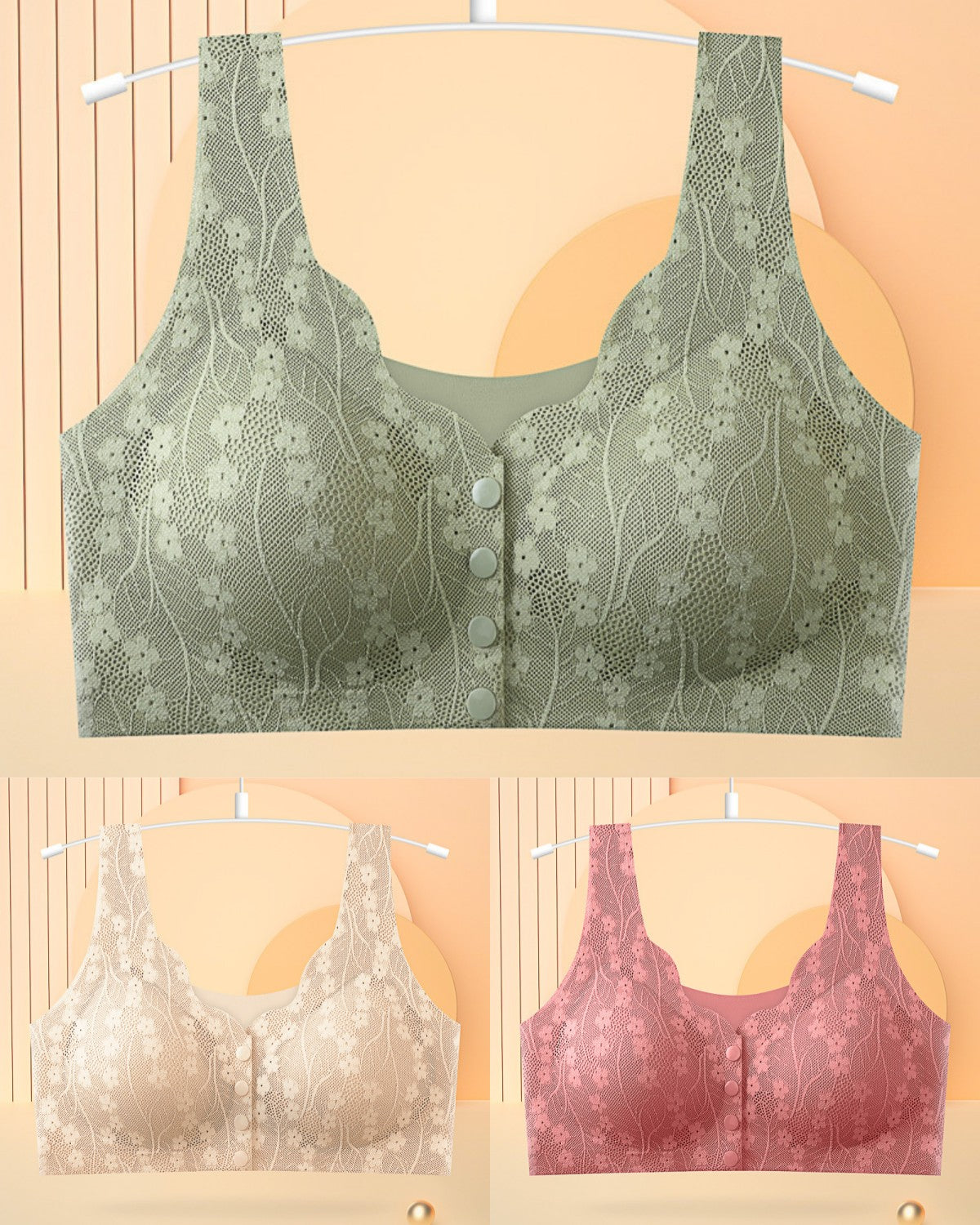 😍【Korlátozott ideig 50% kedvezmény】👙【3 darab】【40-100KG】Női vezeték nélküli csipke melltartó elülső rögzítéssel
