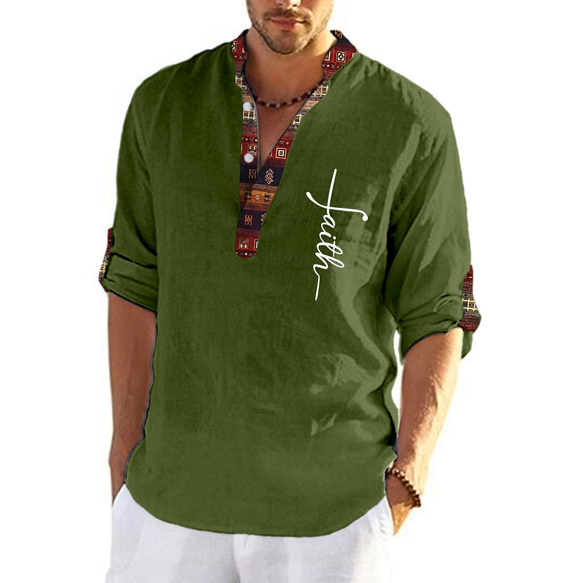 💥👔【50% kedvezmény 🔥】【S-3XL】Férfi len-pamut ing, mintás, V-nyakú kialakítással