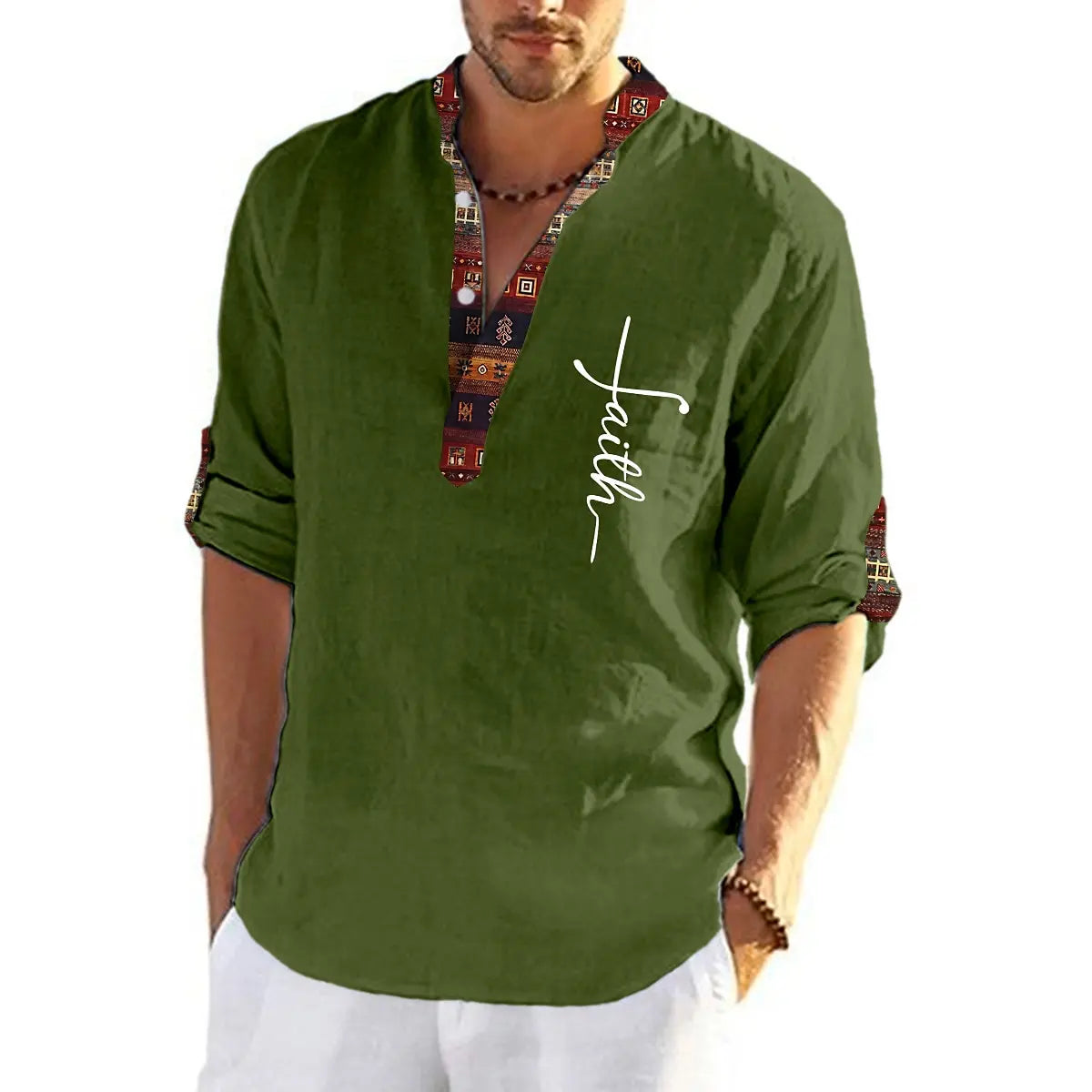 💥👔【50% kedvezmény 🔥】【S-3XL】Férfi len-pamut ing, mintás, V-nyakú kialakítással