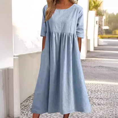 💃【50% kedvezmény】Új pamut-len alkalmi rövid ujjú ruha zsebekkel, ingyenes szállítással.