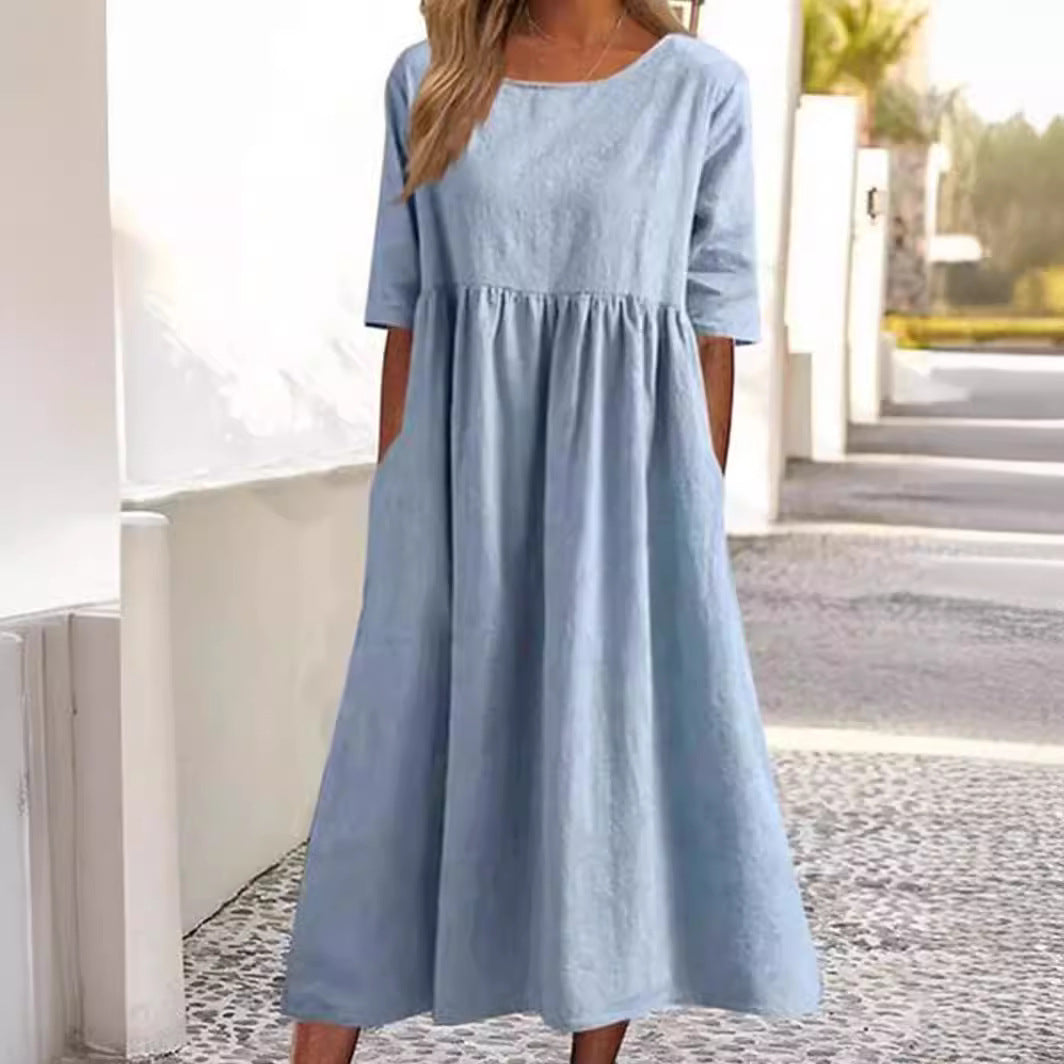 💃【50% kedvezmény】Új pamut-len alkalmi rövid ujjú ruha zsebekkel, ingyenes szállítással.