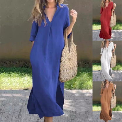 ✨👗【S–3XL】Hosszú, V-nyakú, hasítékos vászonruha, kényelmes és könnyű nyári viselet.