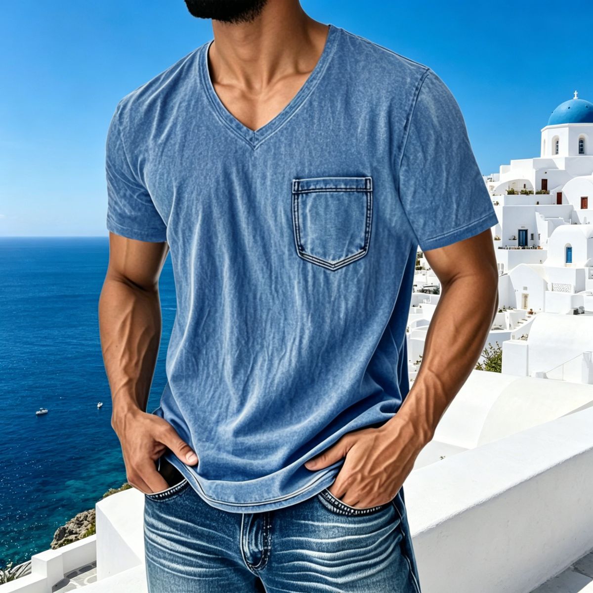 👔 🔥【40–120 kg】Ανδρικό Casual Ριχτό Τζιν Πουκάμισο — V-λαιμόκοψη, Κοντό Μανίκι ✅️Διαθέσιμες Αντικαταβολή