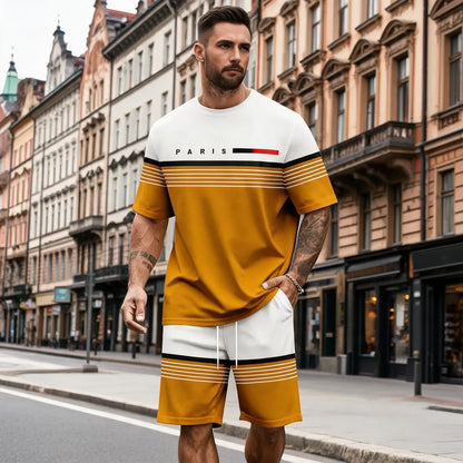 【S-5XL】Férfi laza és kényelmes rövid ujjú póló és rövidnadrág szett betűmintával.