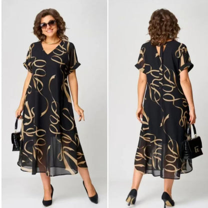 ❤️50% kedvezmény🔥💖【S-5XL】Elegáns hosszú, mintás rövid ujjú ruha