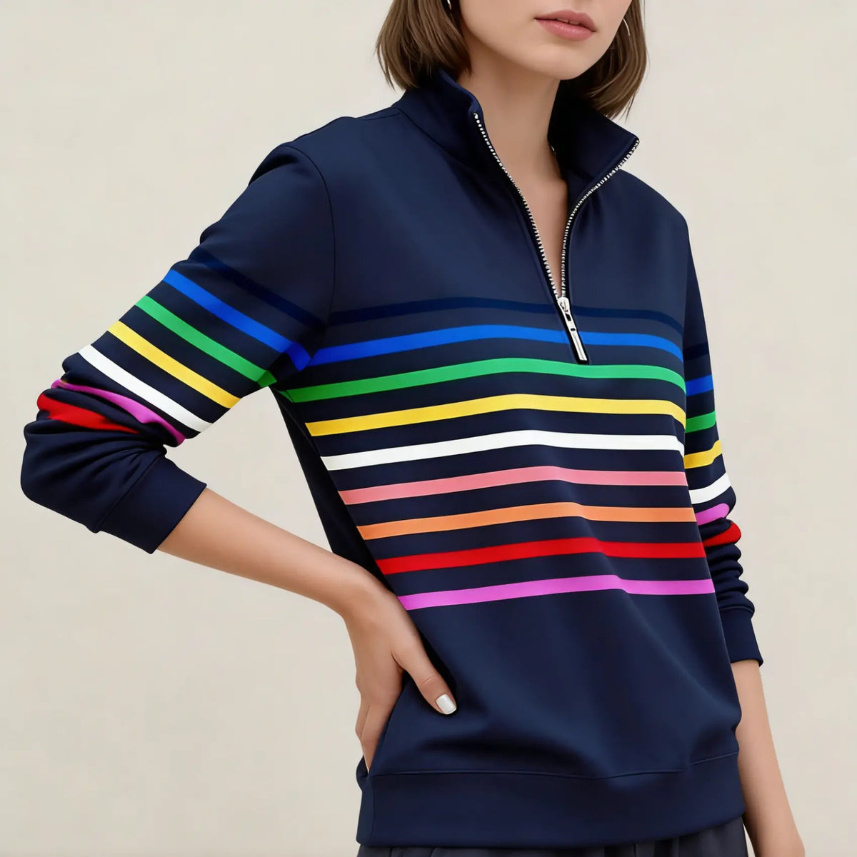 【S-5XL】Elegáns csíkos női pulóver félcipzáros nyakkal – kényelmes és stílusos