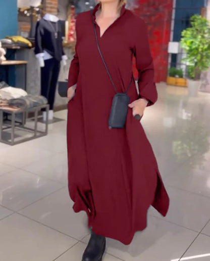 💟【S-3XL】Egyszínű, lezser ruha V-nyakkal és hosszú ujjakkal