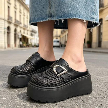 Nyári magas platform papucs, fonott és légáteresztő dizájn, retro-modern stílus, 35-40 méret