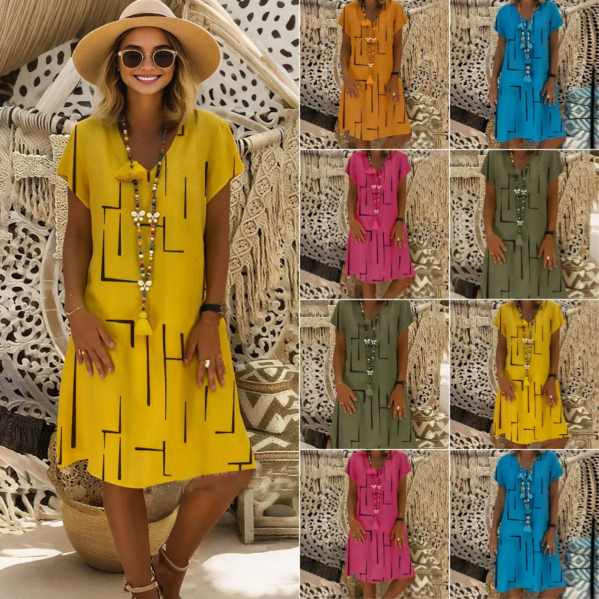 👗【S–5XL】Mintás pamut ruha V-nyakkivágással-4349831