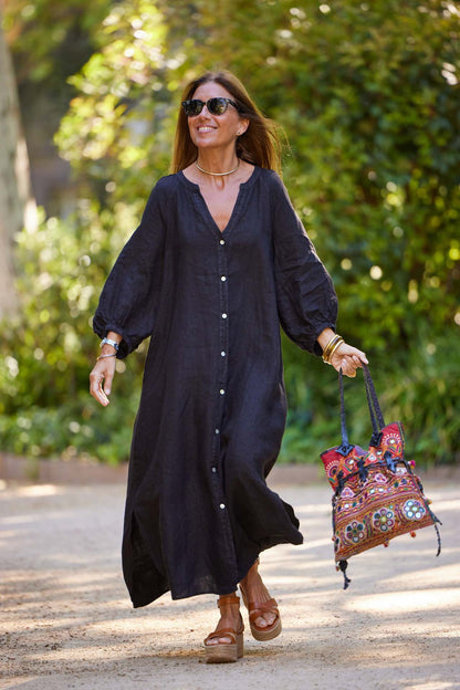 👗🎁 [S–3XL] Nova ženska duga haljina-košulja s V-izrezom, prirodni materijal od pamuka i lana