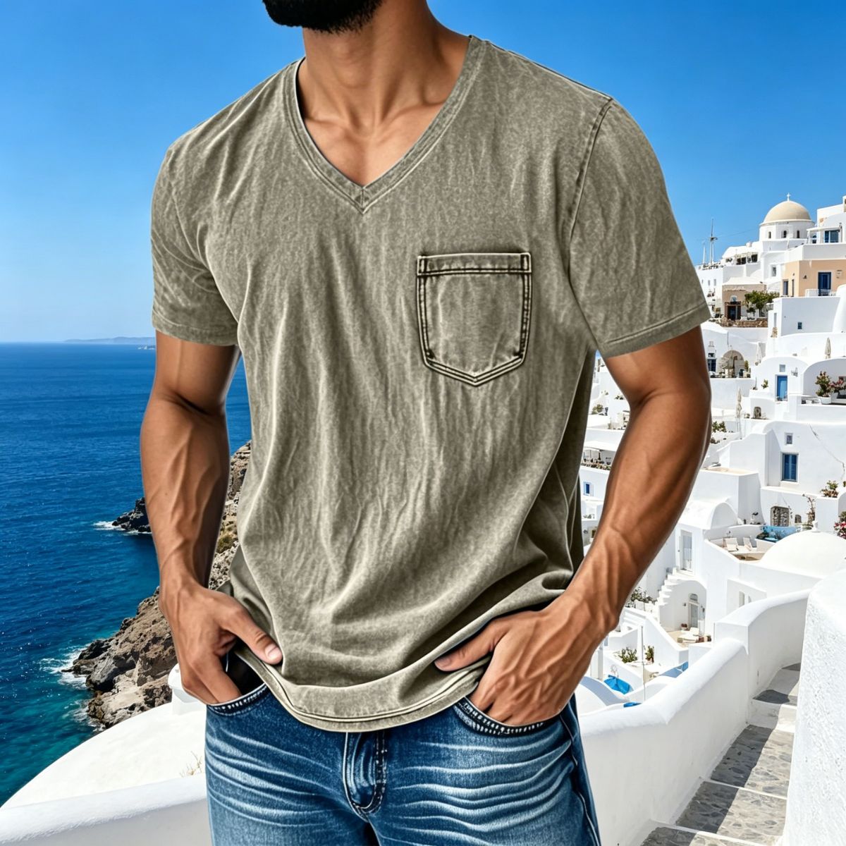👔 🔥【40–120 kg】Ανδρικό Casual Ριχτό Τζιν Πουκάμισο — V-λαιμόκοψη, Κοντό Μανίκι ✅️Διαθέσιμες Αντικαταβολή