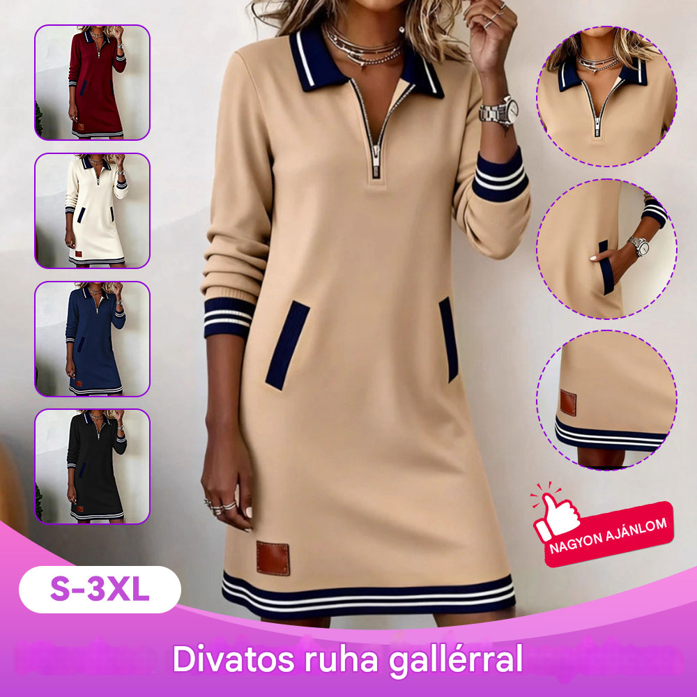 👗Új téli ruha👗 Lezser fazon, cipzárral⚡, inggallérral, hosszú ujjakkal✨, kontrasztos zsebekkel