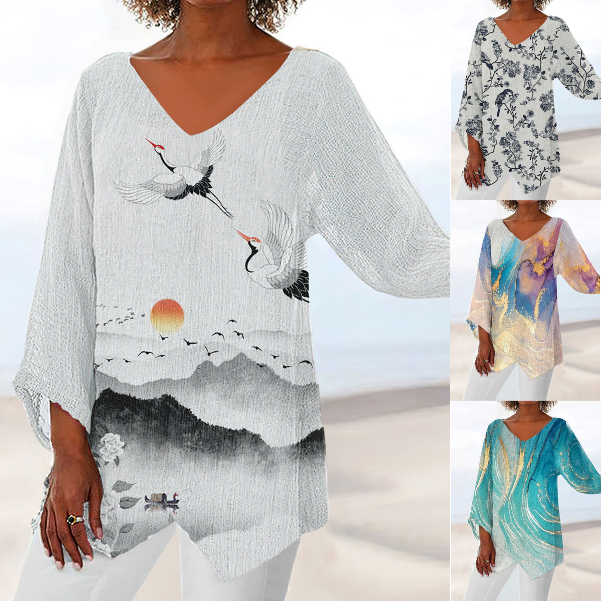 ⏳ Utolsó nap – 50% kedvezmény 😍【S~5XL】Női V-nyakú mintás alkalmi hosszú ujjú felső, 3/4 ujjú