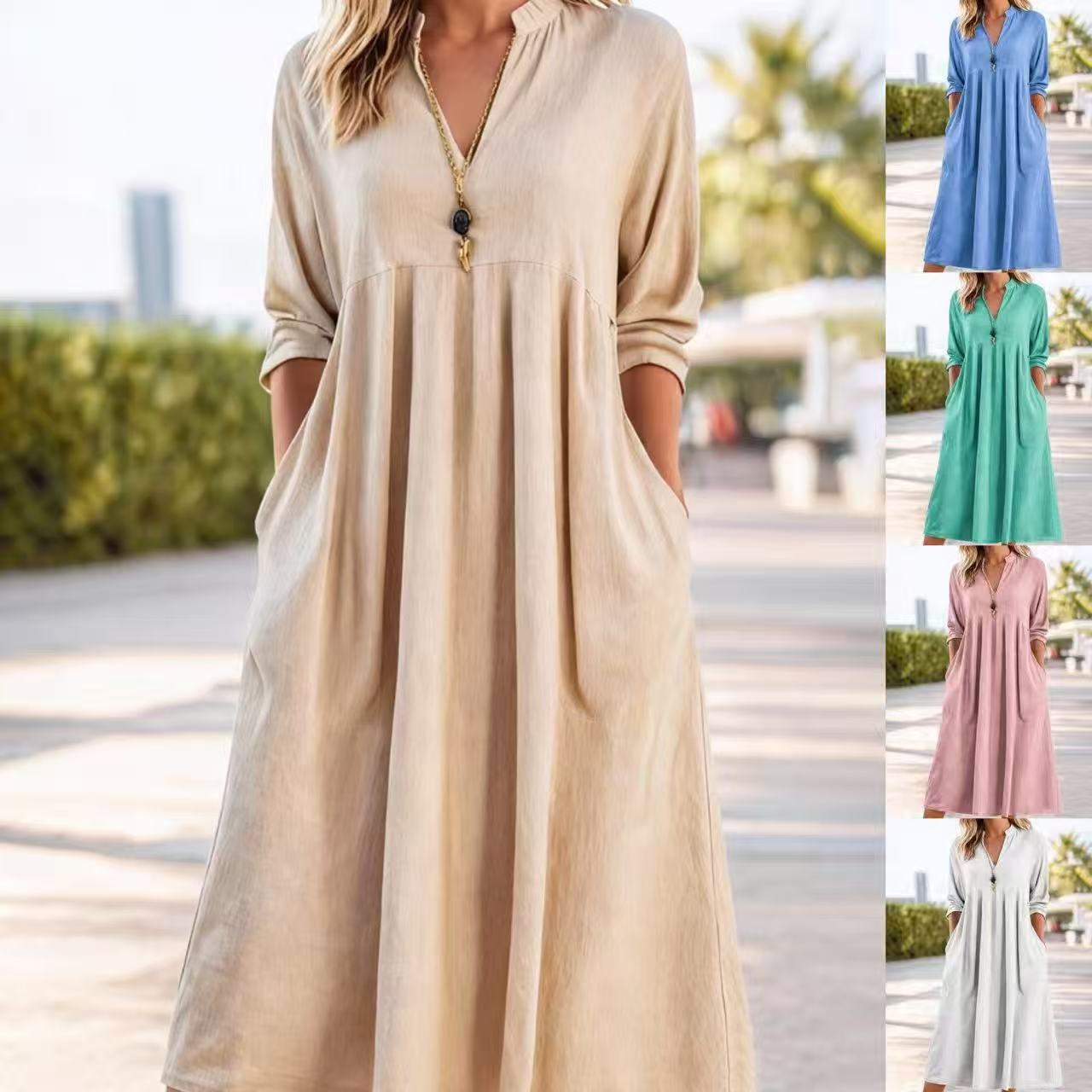 💃【50 % popust】Nova modna retro obleka iz bombaža in lana z V-izrezom