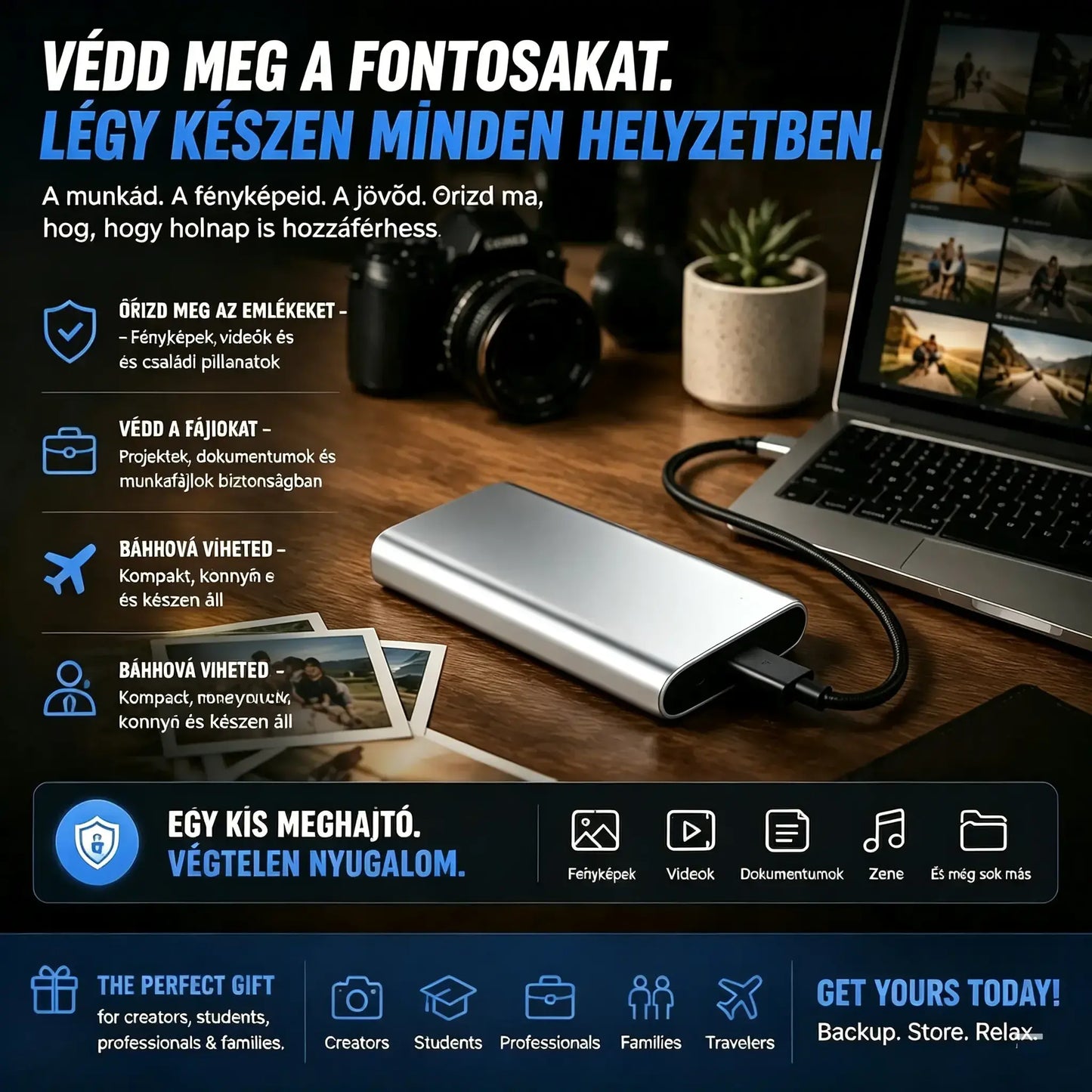 【Második termék féláron】Hordozható külső SSD meghajtó - Védd meg fotóidat, videóidat és fontos fájljaidat.