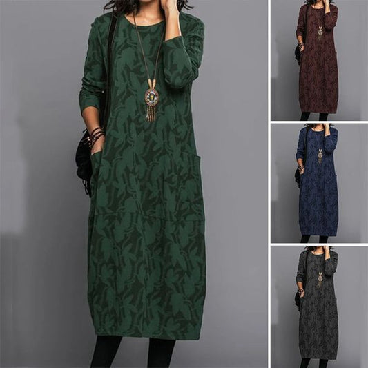 ✨【S-3XL】Eladó, kerek nyakú, zsebes, mintás ruha-Kiváló minőségű téli ruházat